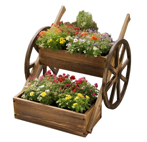 Rustic wooden wagon planter - wagon,
