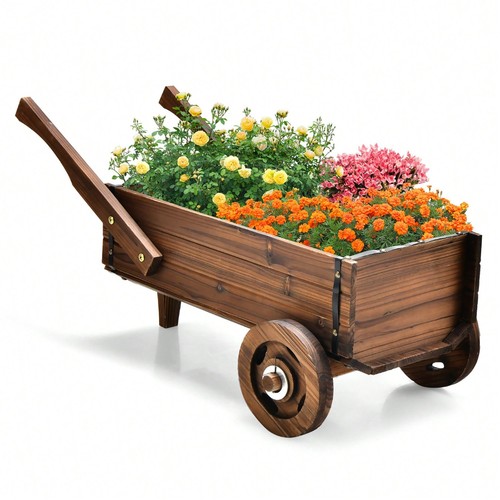 Rustic wooden wagon planter - wooden,